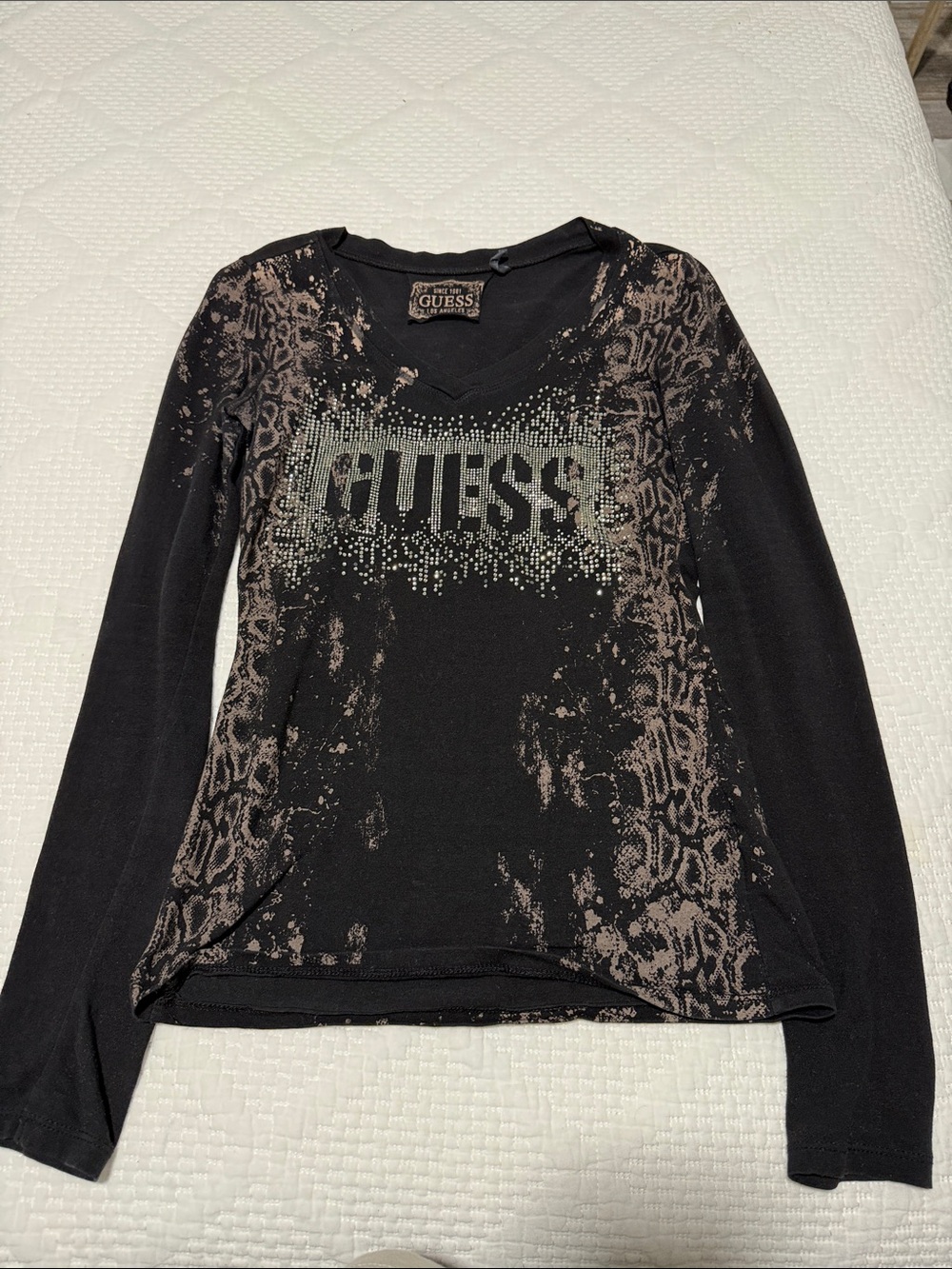 GUESS Black Long-Sleeve Logo Top with Taupe Print